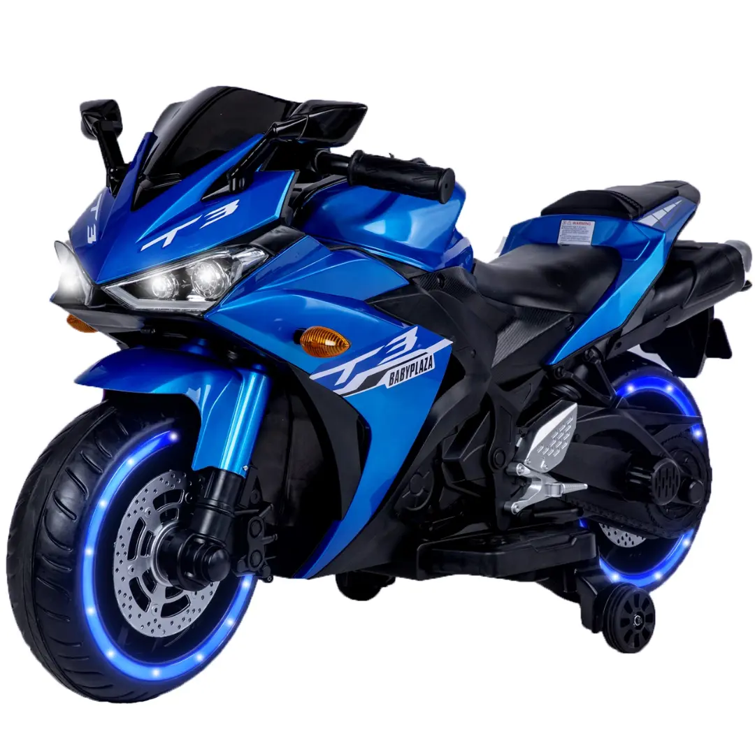 12V Blue Motorcycle For Kids 3 To 6 Years With Training Wheels