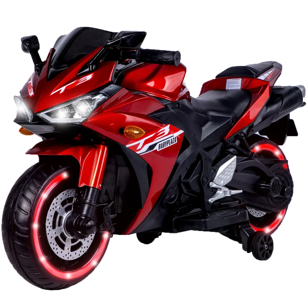 12V Red Motorcycle For Kids 3 To 6 Years With Training Wheels