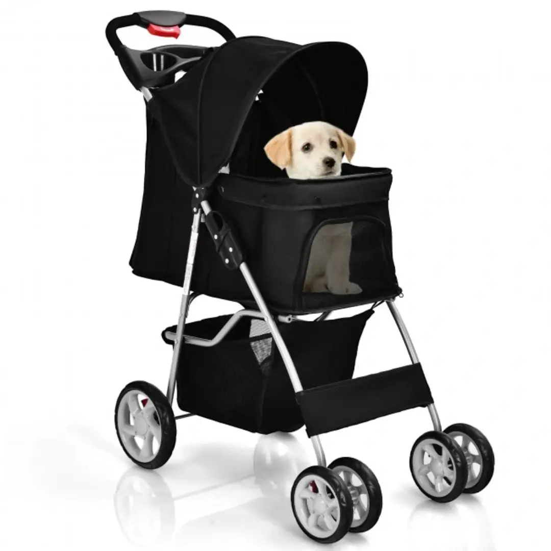 Foldable Four Wheel Pet Stroller Black with Storage Basket