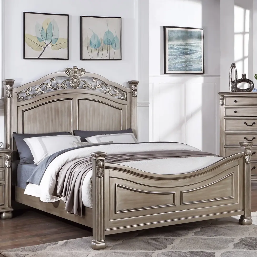 King Size Antique Silver 1pc California Bed Unique Design Formal Traditional Headboard Footboard Bedframe