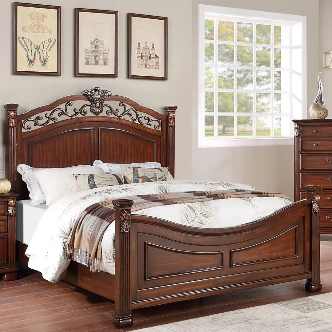 Queen Size Dark Cherry 1pc California Bed Unique Design Formal Traditional Headboard Footboard Bedframe