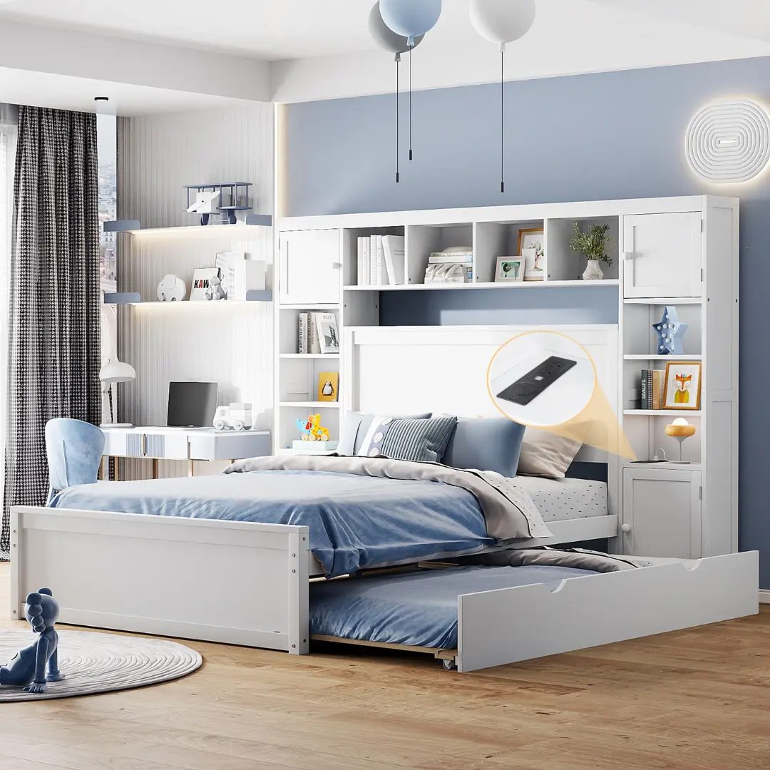 Full Size White Wooden Bed With All-In-One Cabinet Shelf and Socket