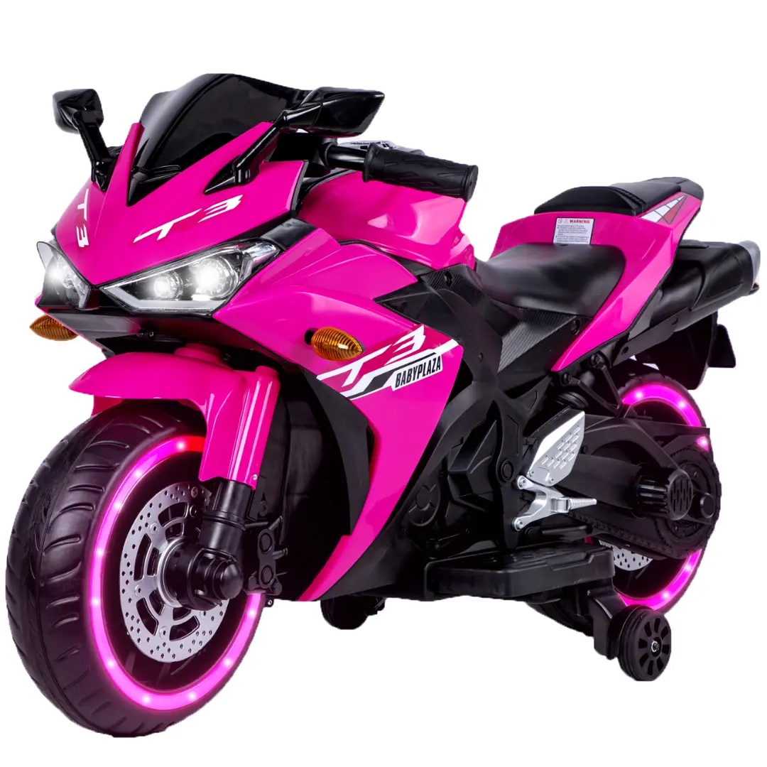 12V Pink Motorcycle for Kids 3 to 6 Years With Training Wheels