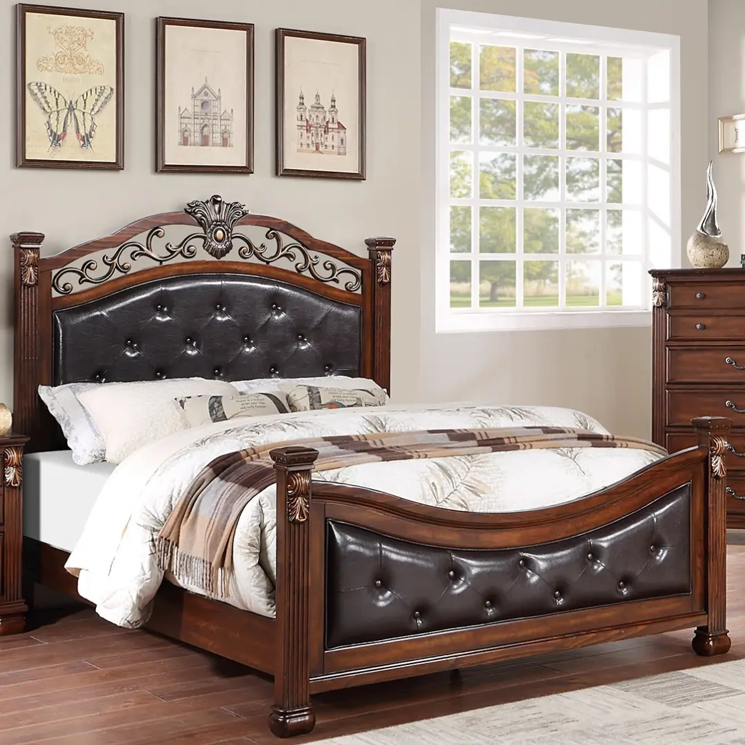 Queen Size Formal Traditional Dark Cherry 1pc Bed Tufted Faux Headboard Footboard