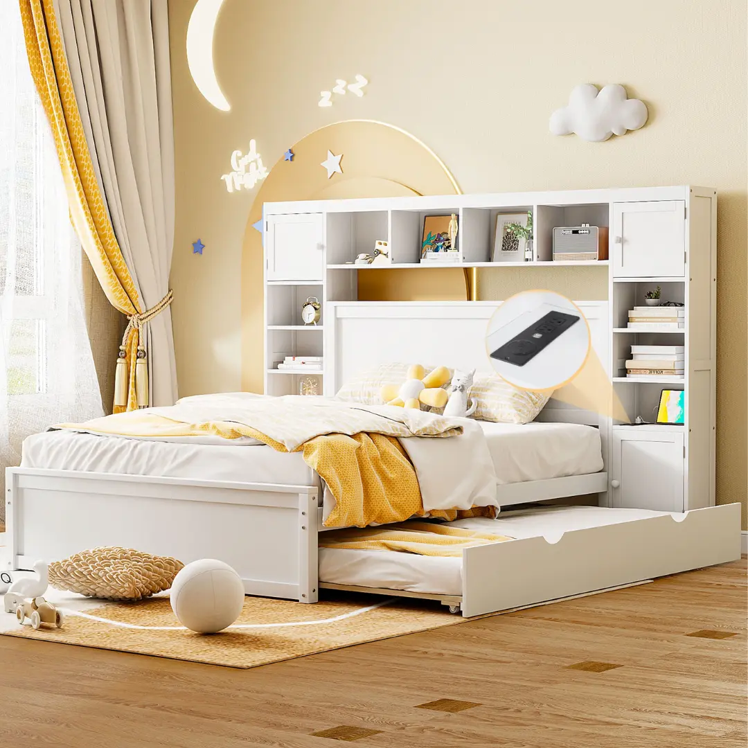 Queen Size White Wooden Bed With All-In-One Cabinet Shelf and Socket