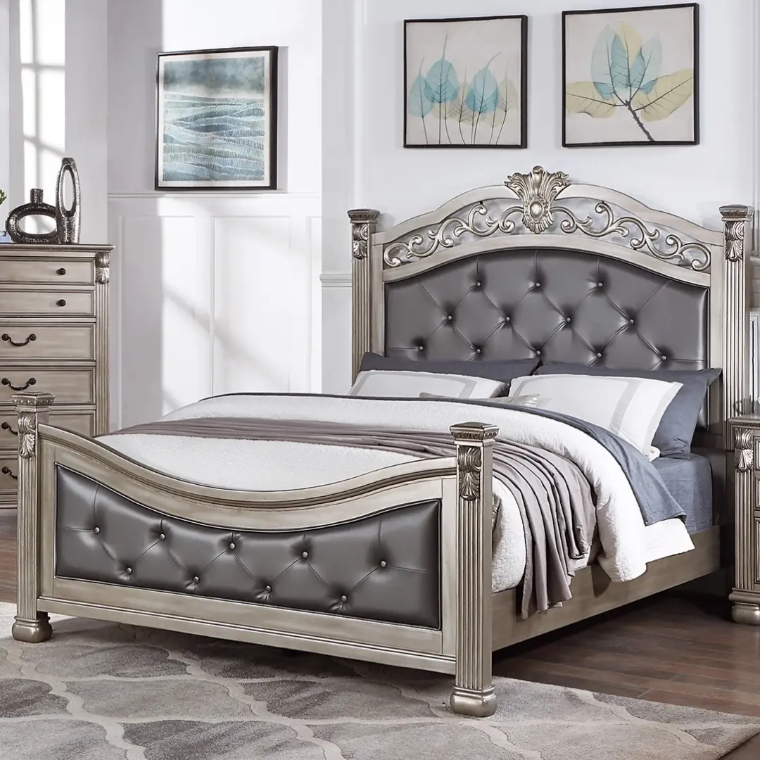 King Size Formal Traditional Antique Silver 1pc Bed Tufted Faux Headboard Footboard