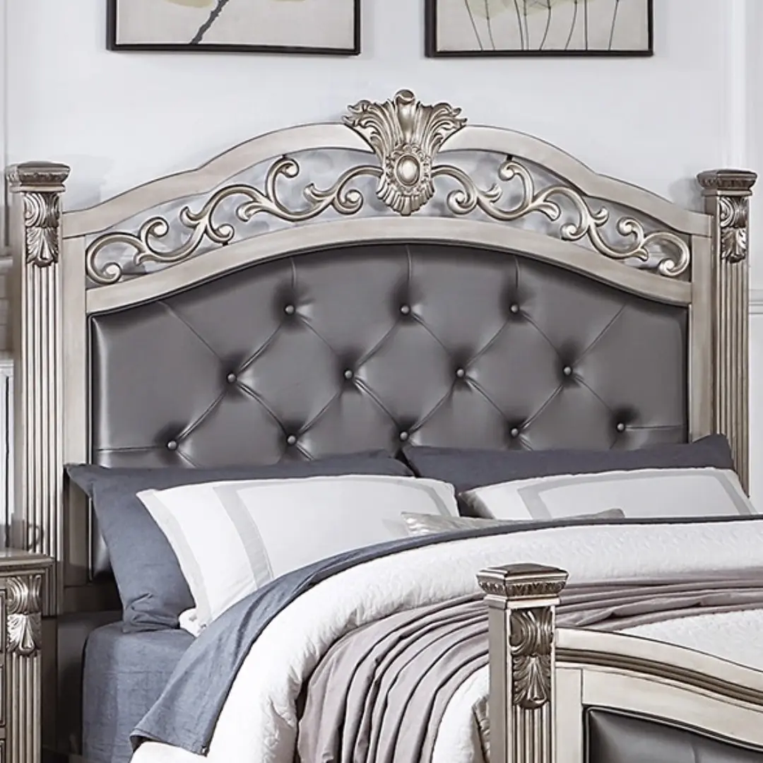 King Size Formal Traditional Antique Silver 1pc Bed Tufted Faux Headboard Footboard