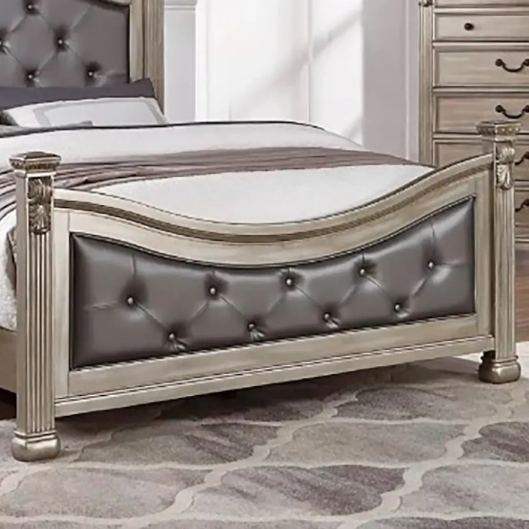 King Size Formal Traditional Antique Silver 1pc Bed Tufted Faux Headboard Footboard