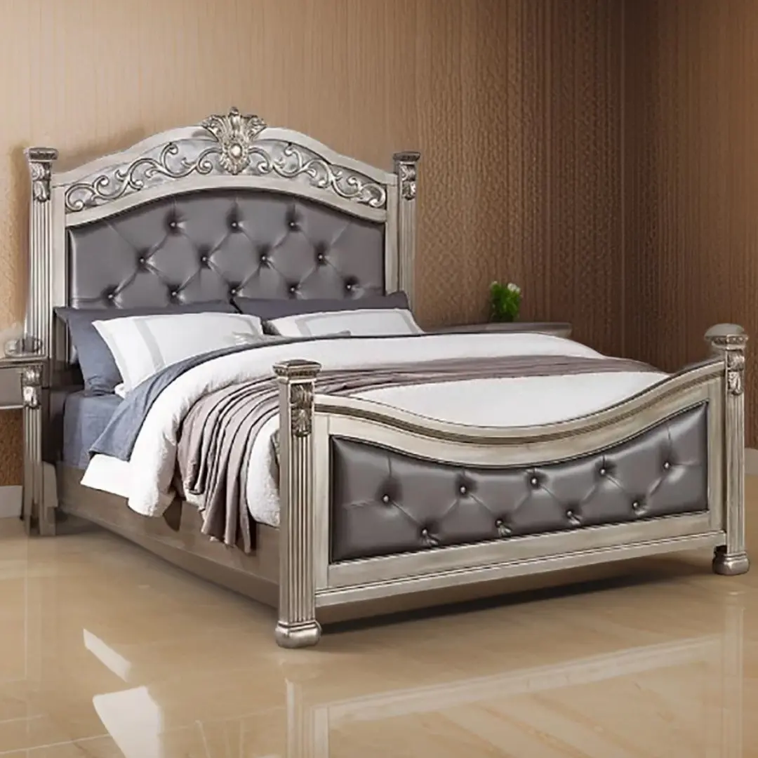 King Size Formal Traditional Antique Silver 1pc Bed Tufted Faux Headboard Footboard
