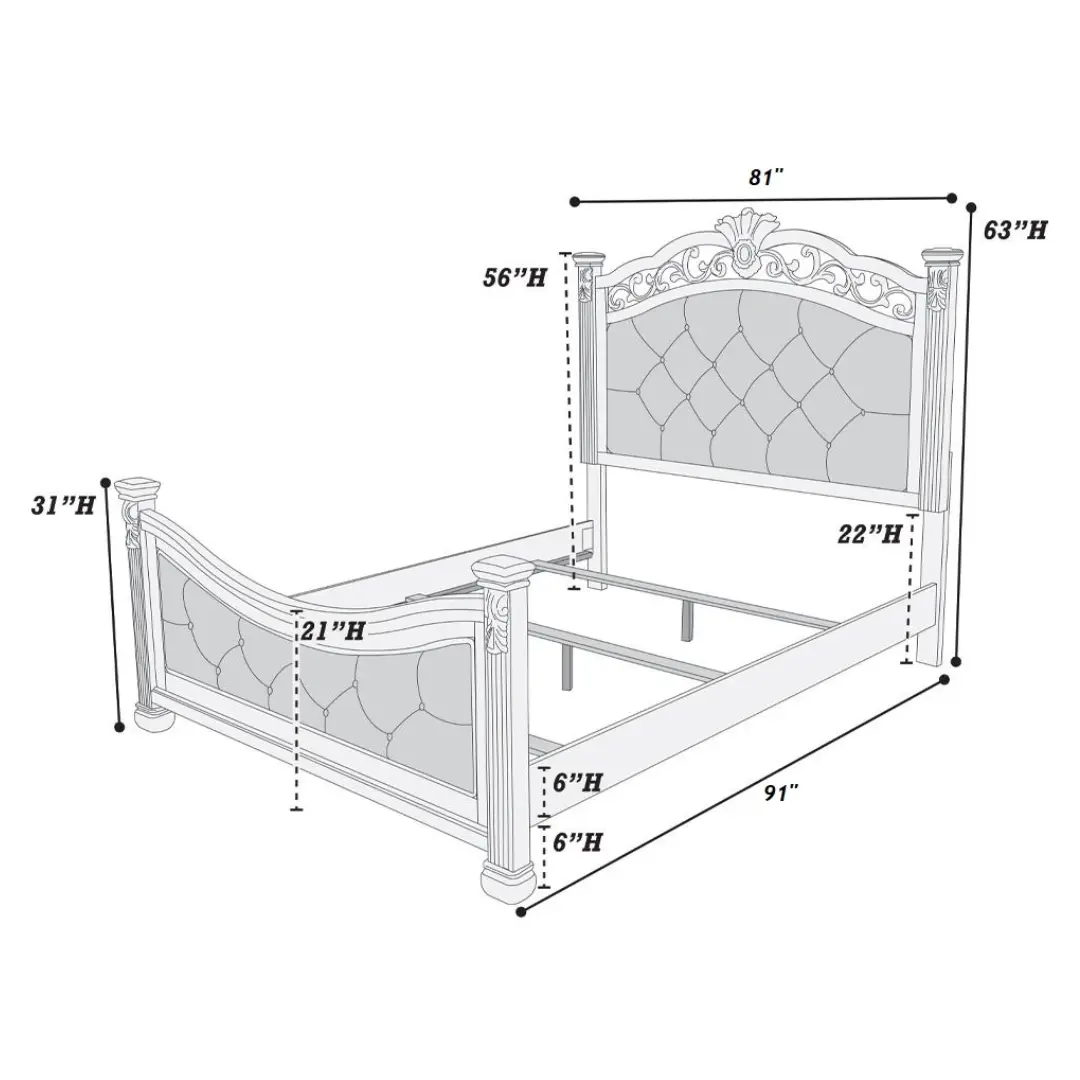 King Size Formal Traditional Antique Silver 1pc Bed Tufted Faux Headboard Footboard