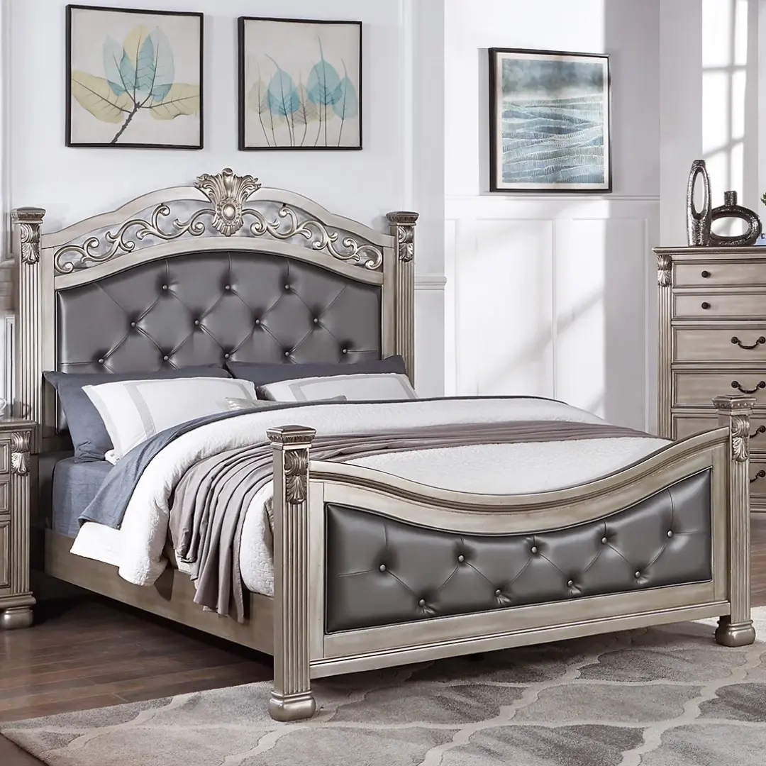 Queen Size Formal Traditional Antique Silver 1pc Bed Tufted Faux Headboard Footboard Bedframe